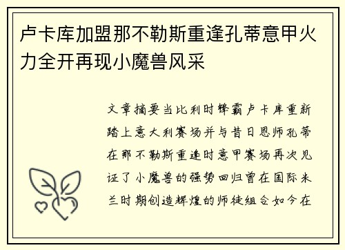 卢卡库加盟那不勒斯重逢孔蒂意甲火力全开再现小魔兽风采 卢卡库加盟那不勒斯重逢孔蒂意甲火力全开再现小魔兽风采